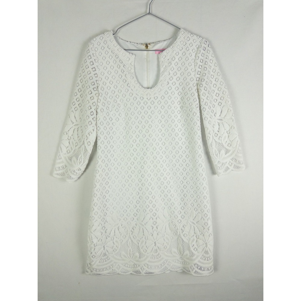 Lilly Pulitzer Lace Shift Dress Womens S White 3/4 Sleeve Scallop Hem Resort Pre
